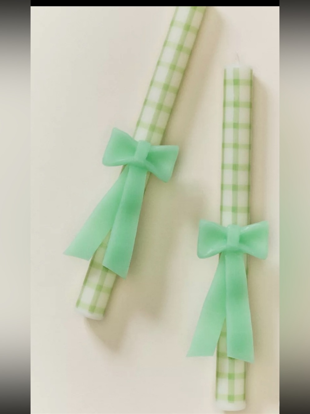 Gingham Green Plaid Taper Candles with Bows. Set of 2